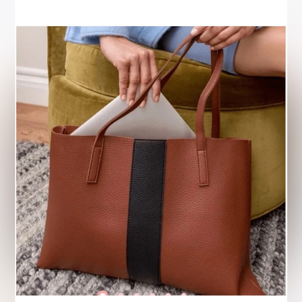 VINCE CAMUTO Tumbled Faux Leather Tote,Rich Chestnut Brown,Black Stripe.NWOT NEW - Picture 2 of 16